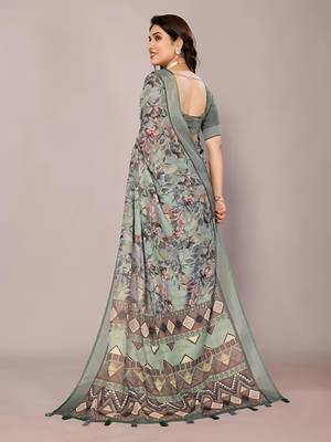 Multicolor colour leaf digital printed linen cotton saree with jhalar 3