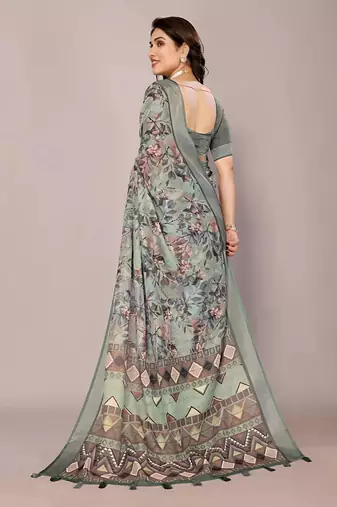 Multicolor colour leaf digital printed linen cotton saree with jhalar