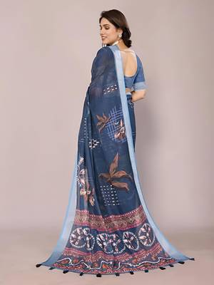 Grey leaf digital printed linen cotton saree with jhalar 2