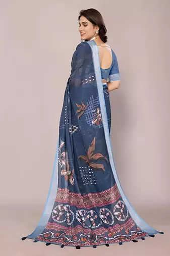Grey leaf digital printed linen cotton saree with jhalar