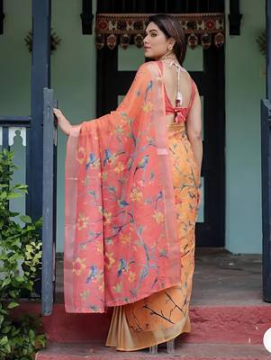 Orange leaf digital printed linen cotton saree 3
