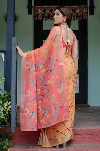 Orange leaf digital printed linen cotton saree