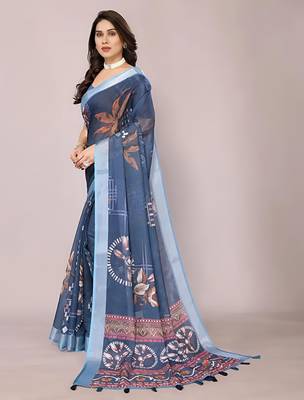 Grey leaf digital printed linen cotton saree with jhalar 3