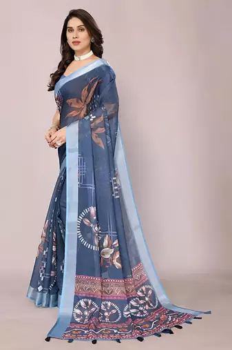 Grey leaf digital printed linen cotton saree with jhalar