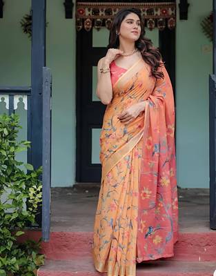 Orange leaf digital printed linen cotton saree 4
