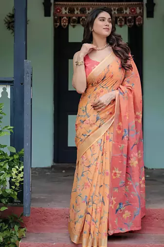 Orange leaf digital printed linen cotton saree