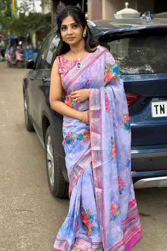 Multicolor leaf digital printed linen cotton saree