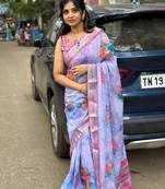 Multicolor leaf digital printed linen cotton saree