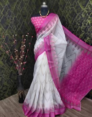 White leaf digital printed linen cotton saree 1