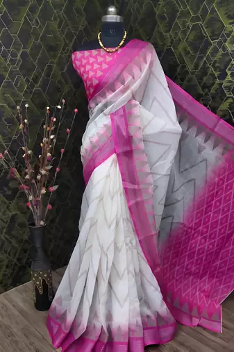 White leaf digital printed linen cotton saree
