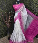 White leaf digital printed linen cotton saree