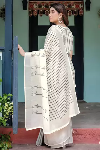 White leaf digital printed linen cotton saree