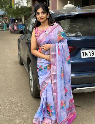 Multicolor leaf digital printed linen cotton saree 2