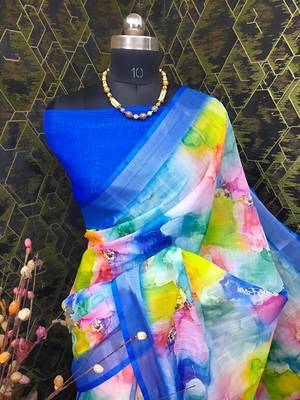 Multicolor leaf digital printed linen cotton saree 1