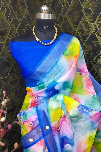 Multicolor leaf digital printed linen cotton saree