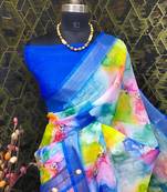 Multicolor leaf digital printed linen cotton saree