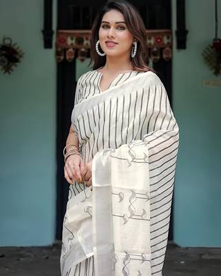 White leaf digital printed linen cotton saree 5