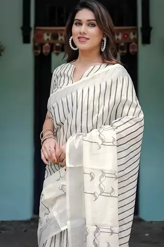 White leaf digital printed linen cotton saree
