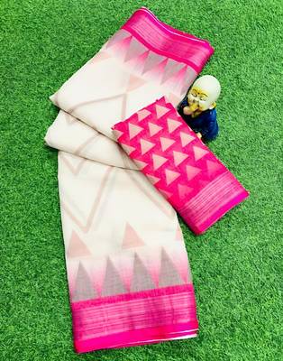 White leaf digital printed linen cotton saree 3