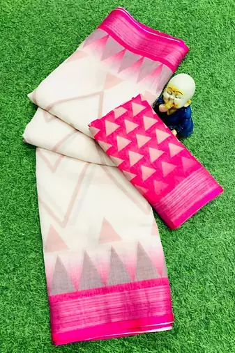 White leaf digital printed linen cotton saree