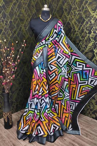 Multicolor leaf digital printed linen cotton saree