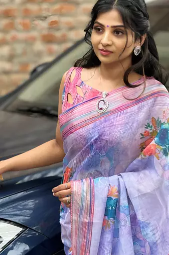 Multicolor leaf digital printed linen cotton saree
