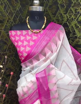 White leaf digital printed linen cotton saree 4