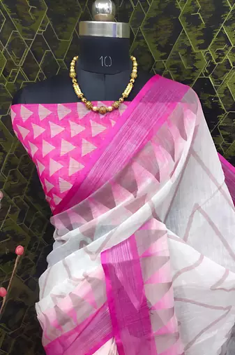 White leaf digital printed linen cotton saree