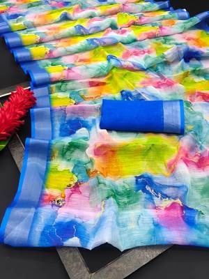 Multicolor leaf digital printed linen cotton saree 3