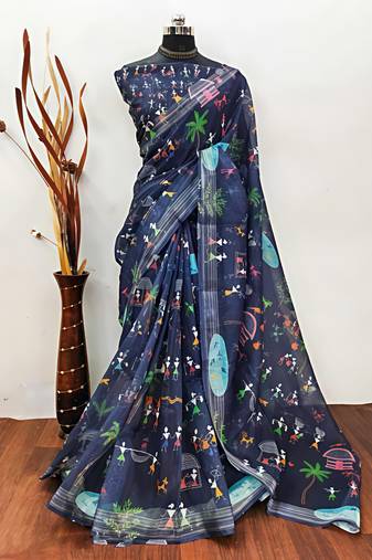 Blue leaf digital printed linen cotton saree