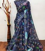 Blue leaf digital printed linen cotton saree