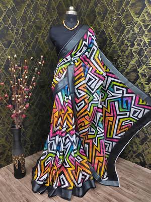 Multicolor leaf digital printed linen cotton saree 2