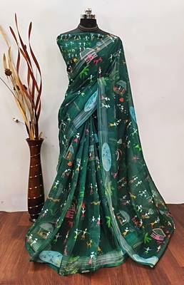 Green leaf digital printed linen cotton saree 1