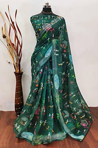 Green leaf digital printed linen cotton saree