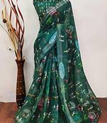 Green leaf digital printed linen cotton saree