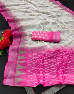 White leaf digital printed linen cotton saree 5