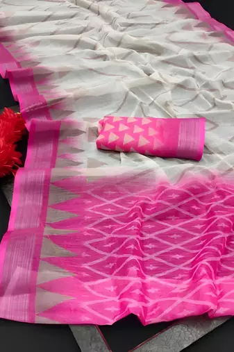 White leaf digital printed linen cotton saree
