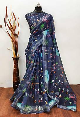 Blue leaf digital printed linen cotton saree 2