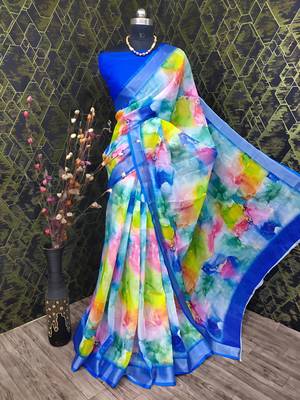 Multicolor leaf digital printed linen cotton saree 4