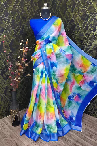 Multicolor leaf digital printed linen cotton saree