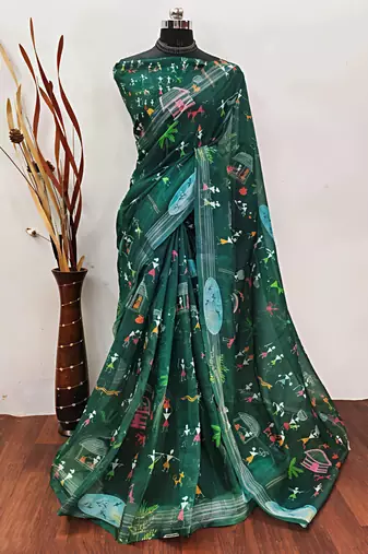 Green leaf digital printed linen cotton saree