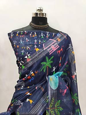Blue leaf digital printed linen cotton saree 3