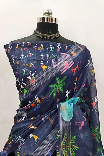 Blue leaf digital printed linen cotton saree