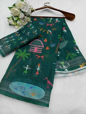Green leaf digital printed linen cotton saree 3