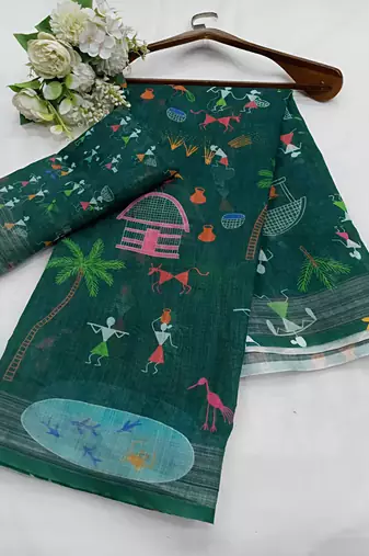 Green leaf digital printed linen cotton saree