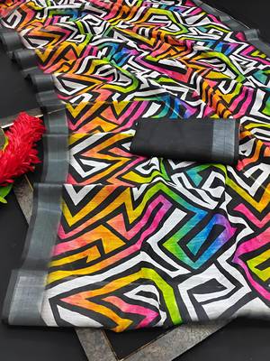 Multicolor leaf digital printed linen cotton saree 4