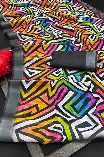 Multicolor leaf digital printed linen cotton saree