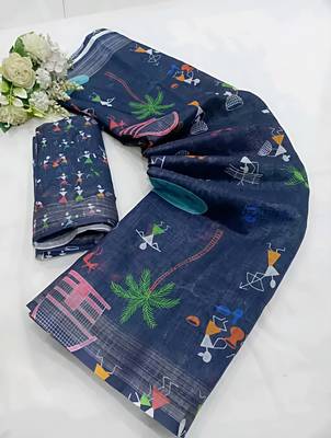 Blue leaf digital printed linen cotton saree 4