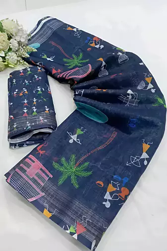 Blue leaf digital printed linen cotton saree