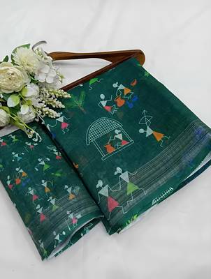 Green leaf digital printed linen cotton saree 4